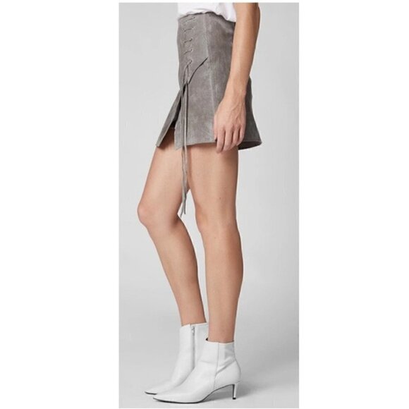 Blank NYC Mini Skirt 26 NWT Suede Genuine Leather Soft Fog Lace Up A-line Gray - Picture 6 of 14